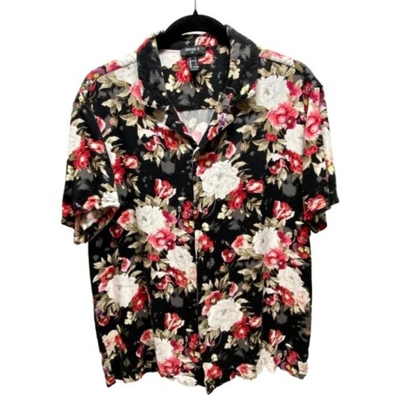 Forever 21 Button Down Shirt Men's Large Black Red White Floral Short Sleeve GUC - Picture 1 of 7